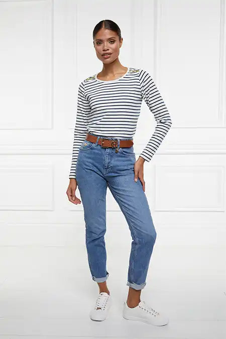 Padstow Long Sleeve Crew Neck Tee (Natural Ink Navy Stripe)