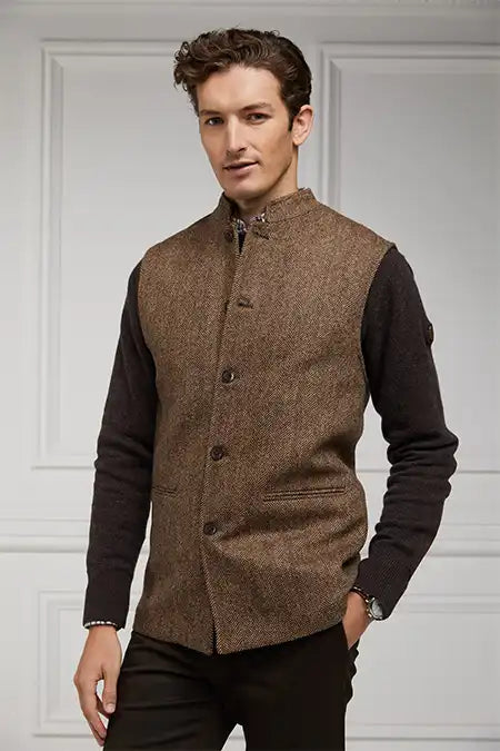 Nehru Gilet (Large Scale Brown Herringbone)