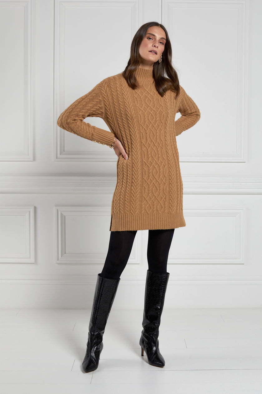 womens dark camel roll neck cable knit mini dress with ribbed cuffs and split ribbed hem with gold button details on cuffs