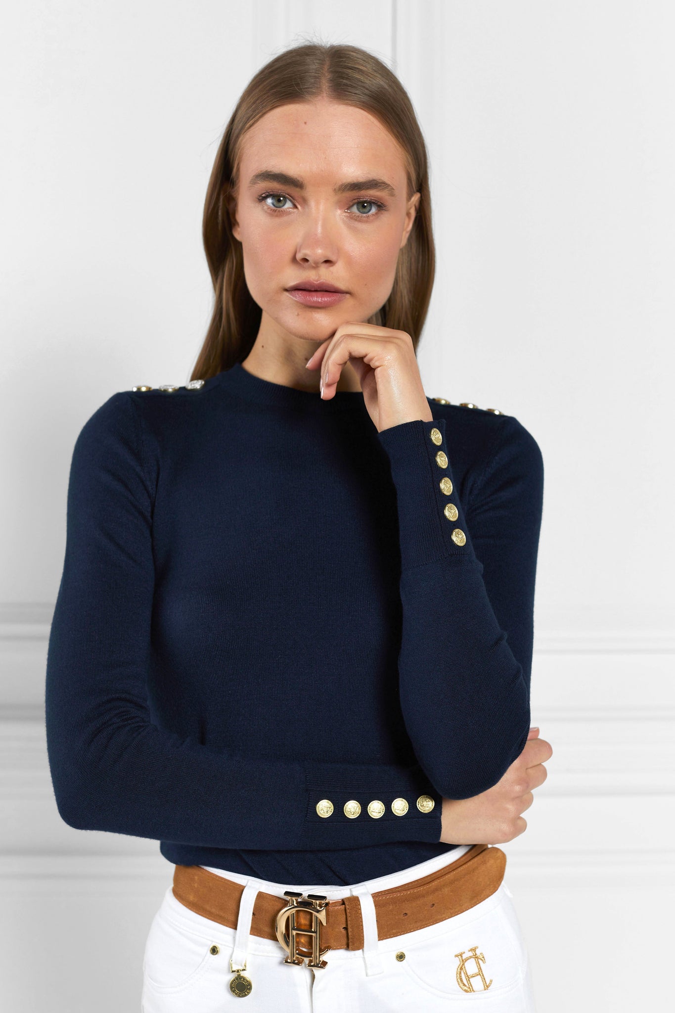 super soft lightweight jumper in navy with ribbed crew neck collar, cuffs and hem and gold button detail across shoulders and cuffs