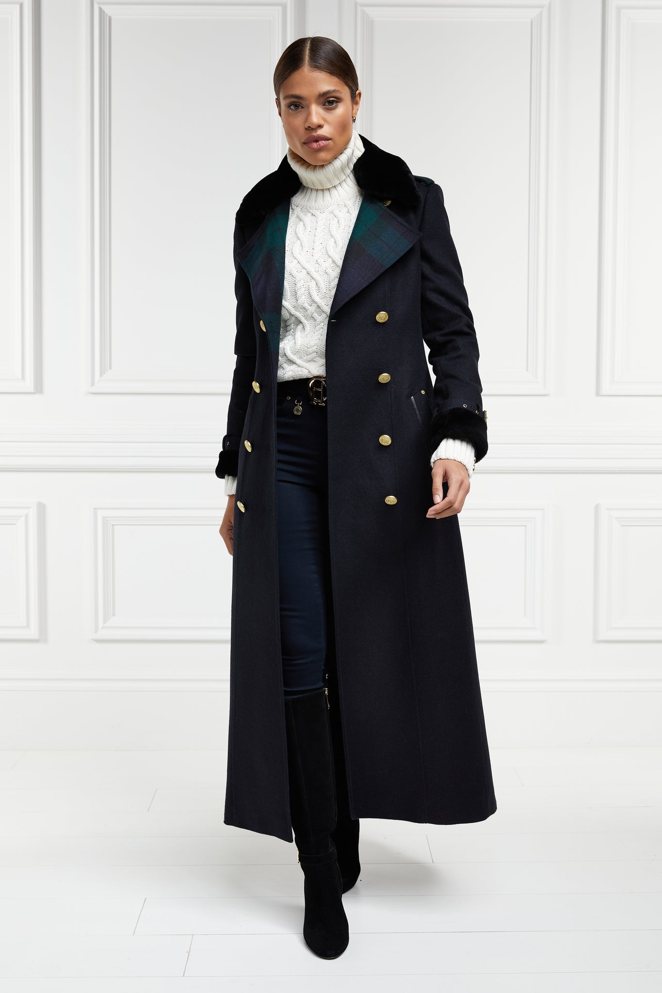 womens navy and green blackwatch houndstooth double breasted full length trench coat with black faux fur collar and cuffs