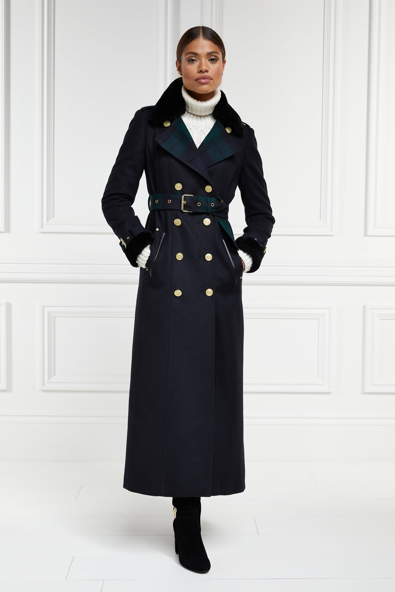 womens navy and green blackwatch houndstooth double breasted full length trench coat with black faux fur collar and cuffs