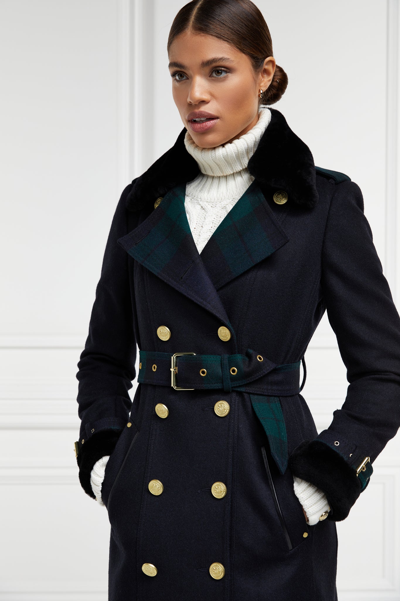 womens navy and green blackwatch houndstooth double breasted full length trench coat with black faux fur collar and cuffs