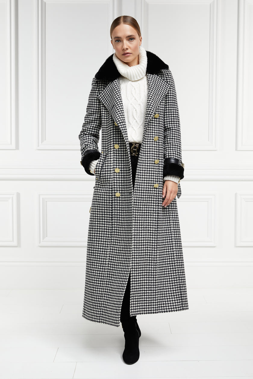 womens black and white houndstooth double breasted full length trench coat with black faux fur collar and cuffs