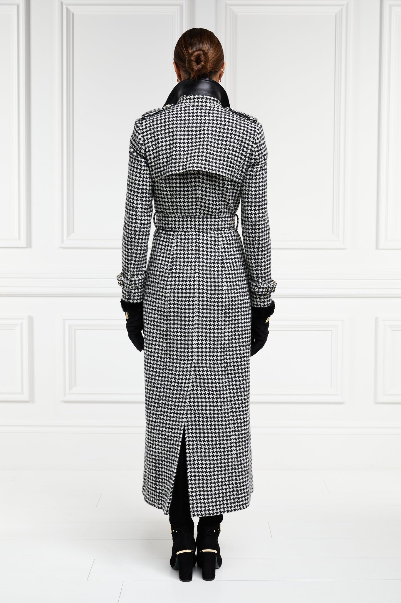 back of womens black and white houndstooth double breasted full length wool trench coat