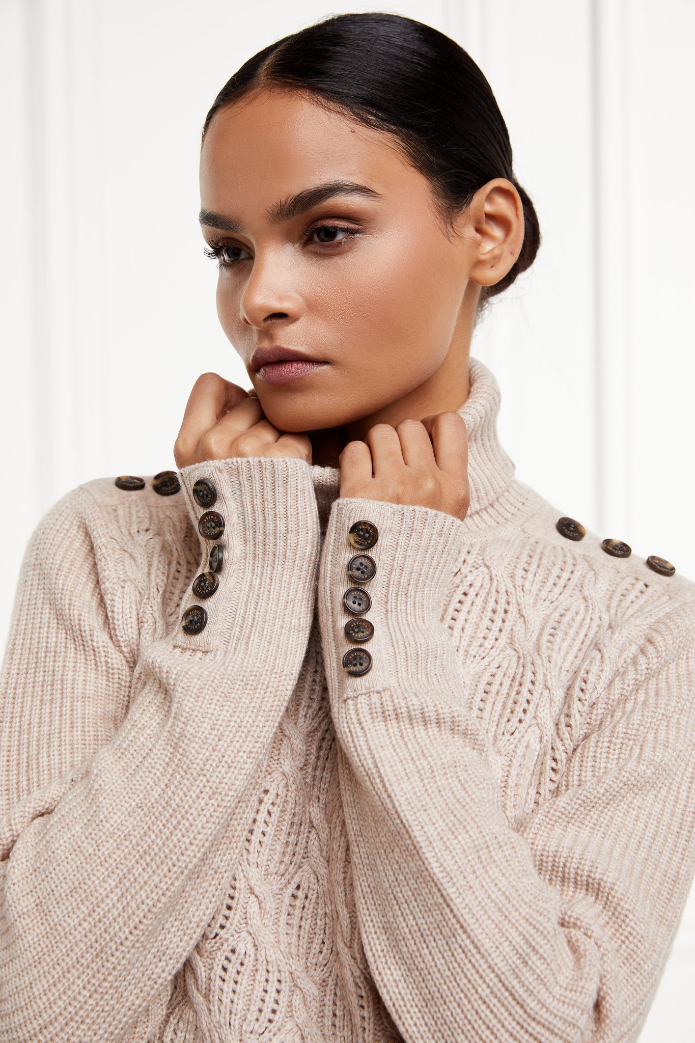 relaxed fit decorative cable knit merino wool roll neck jumper in oatmeal with horn buttons and ribbed cuffs and collar