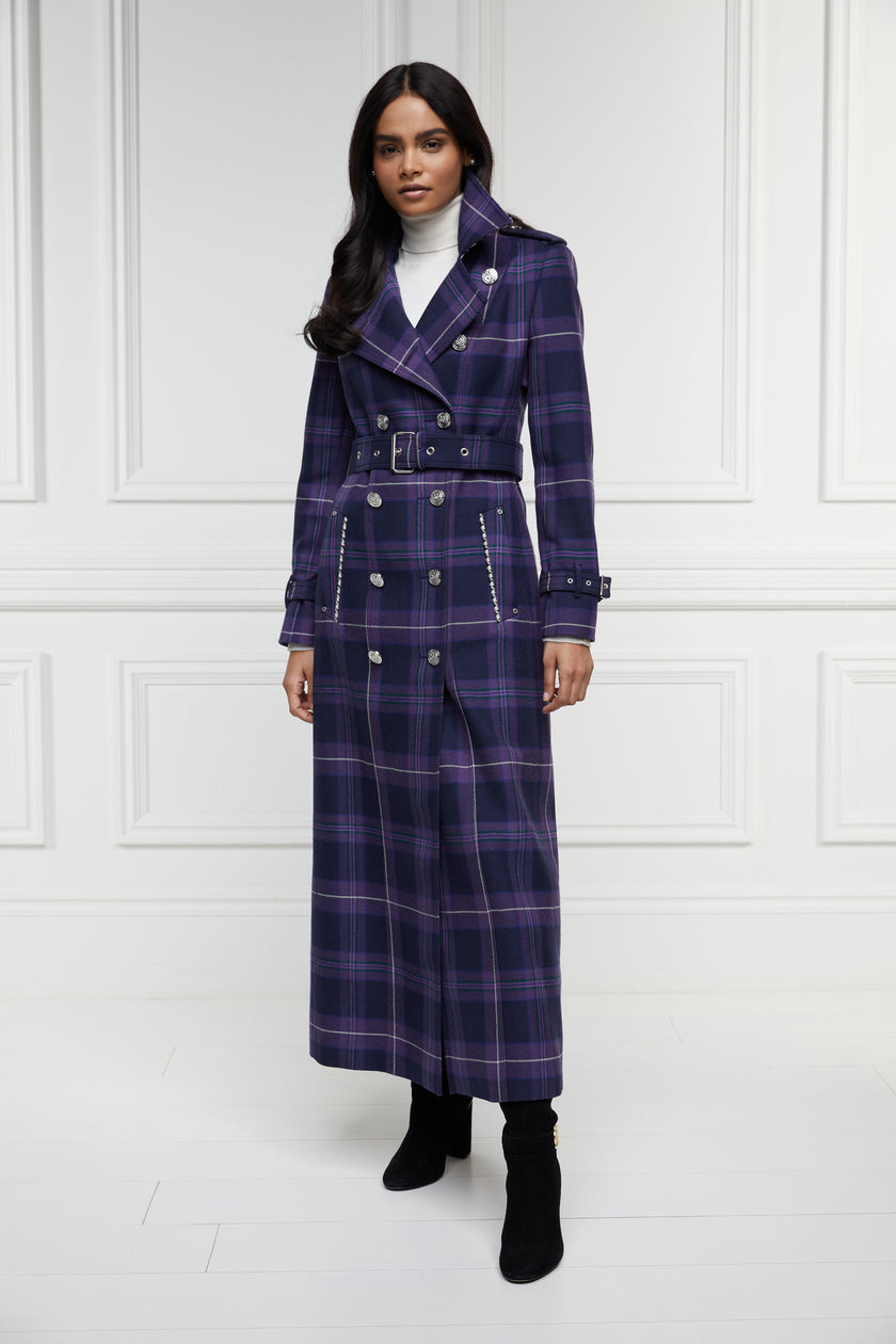 womens purple tartan double breasted full length wool trench coat