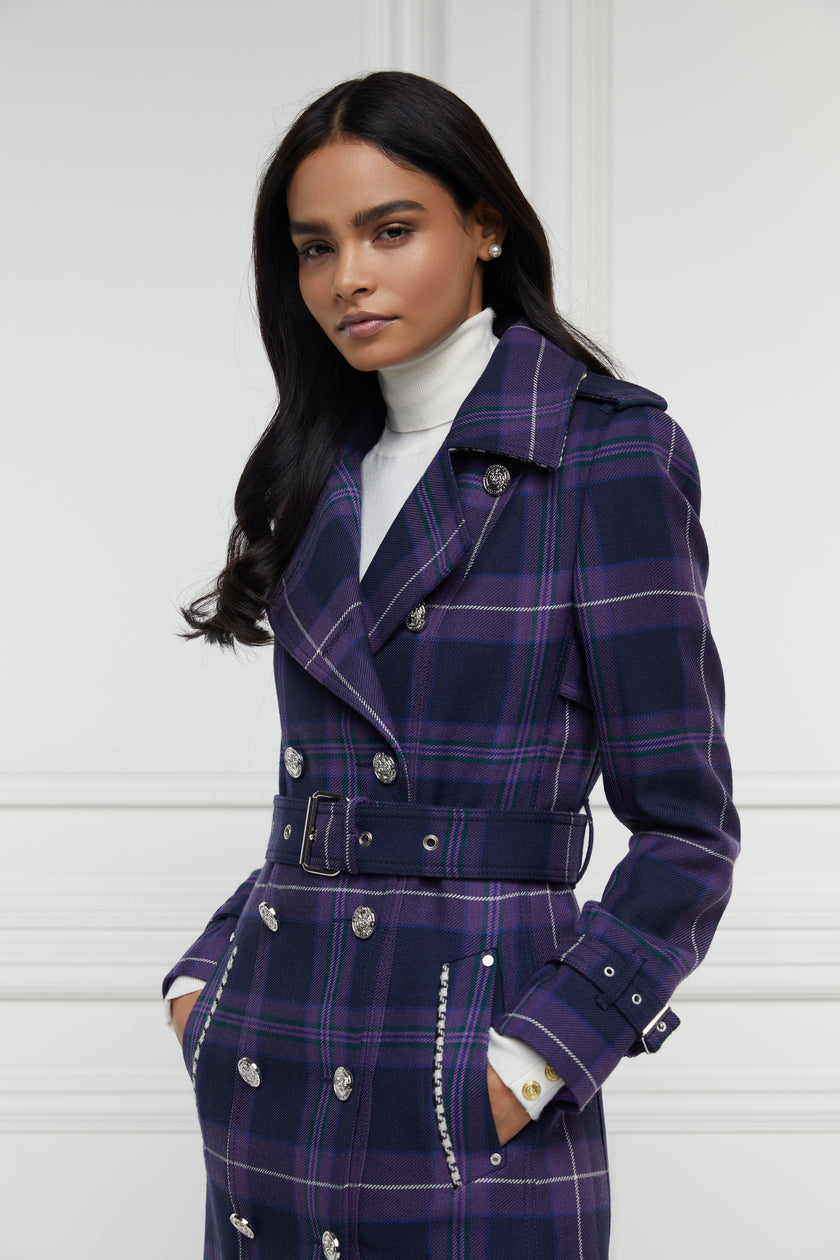 womens purple tartan double breasted full length wool trench coat