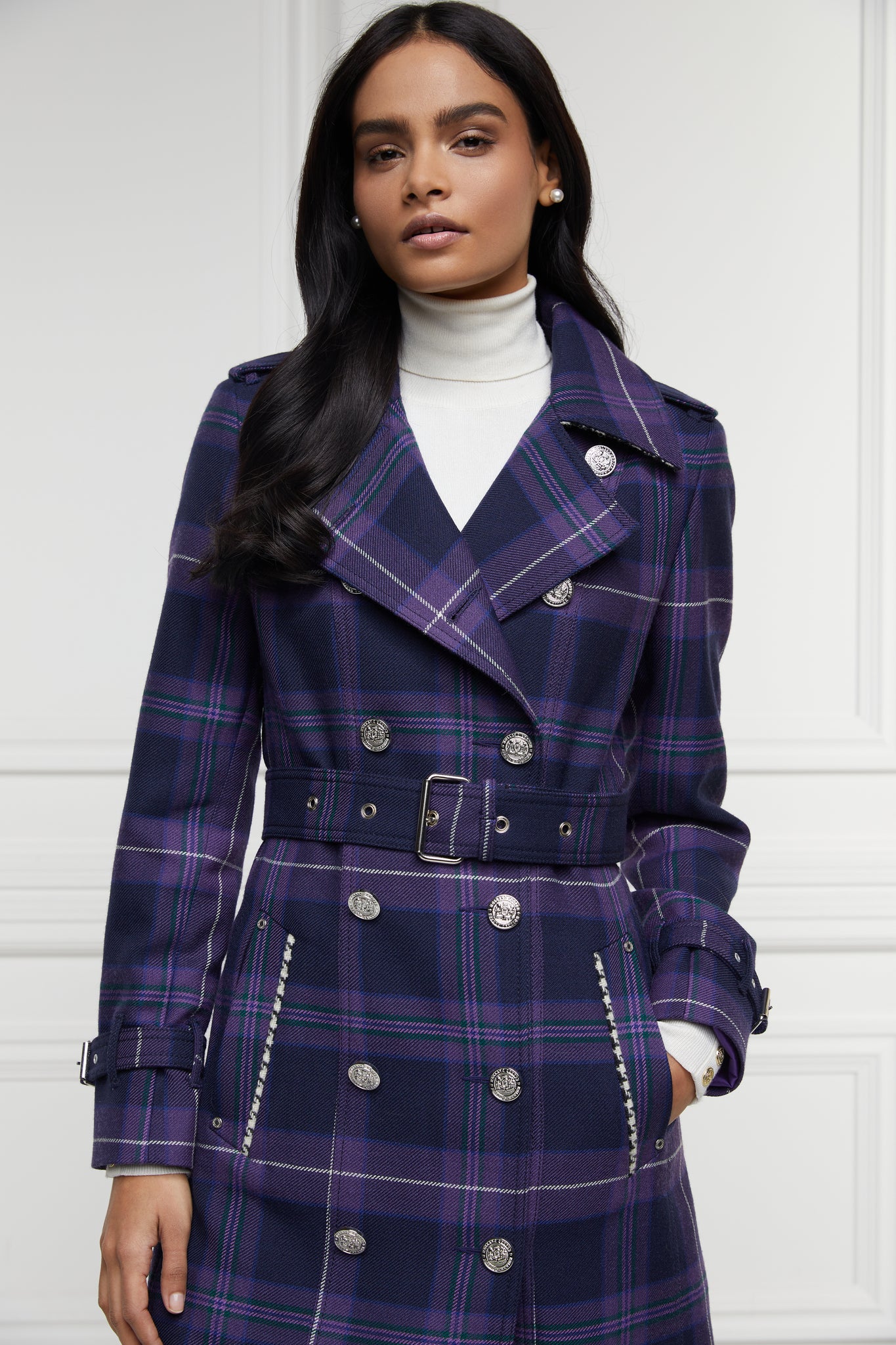 womens purple tartan double breasted full length wool trench coat