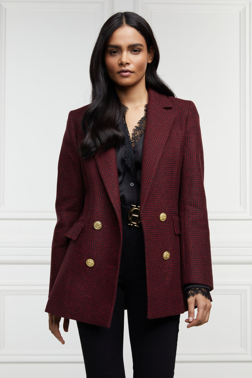 double breasted wool blazer in deep red houndstooth with two hip pockets and gold button detials down front and on cuffs and handmade in the uk