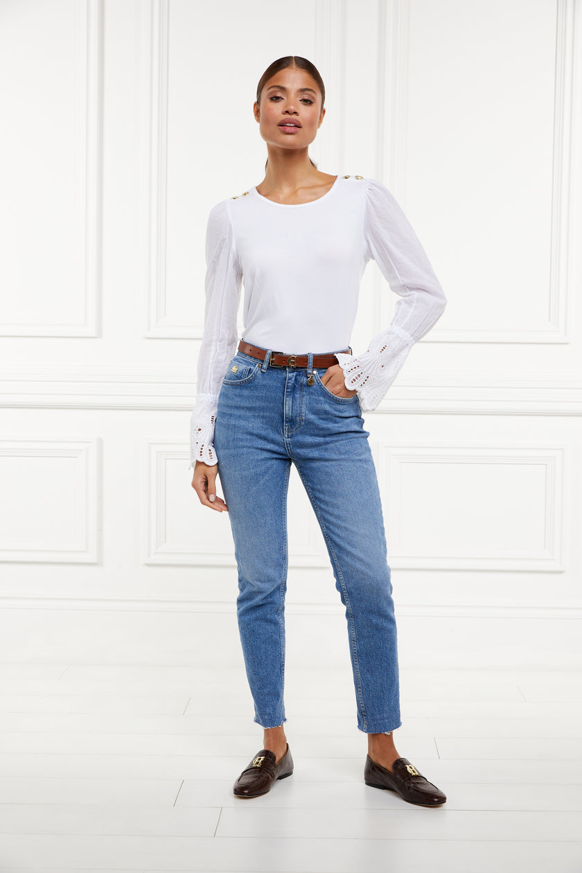 Crew neck top with voluminous sleeves with gathered details at the shoulder and broderie detailing above the cuff and detailed with Holland Cooper rivets on the shoulders