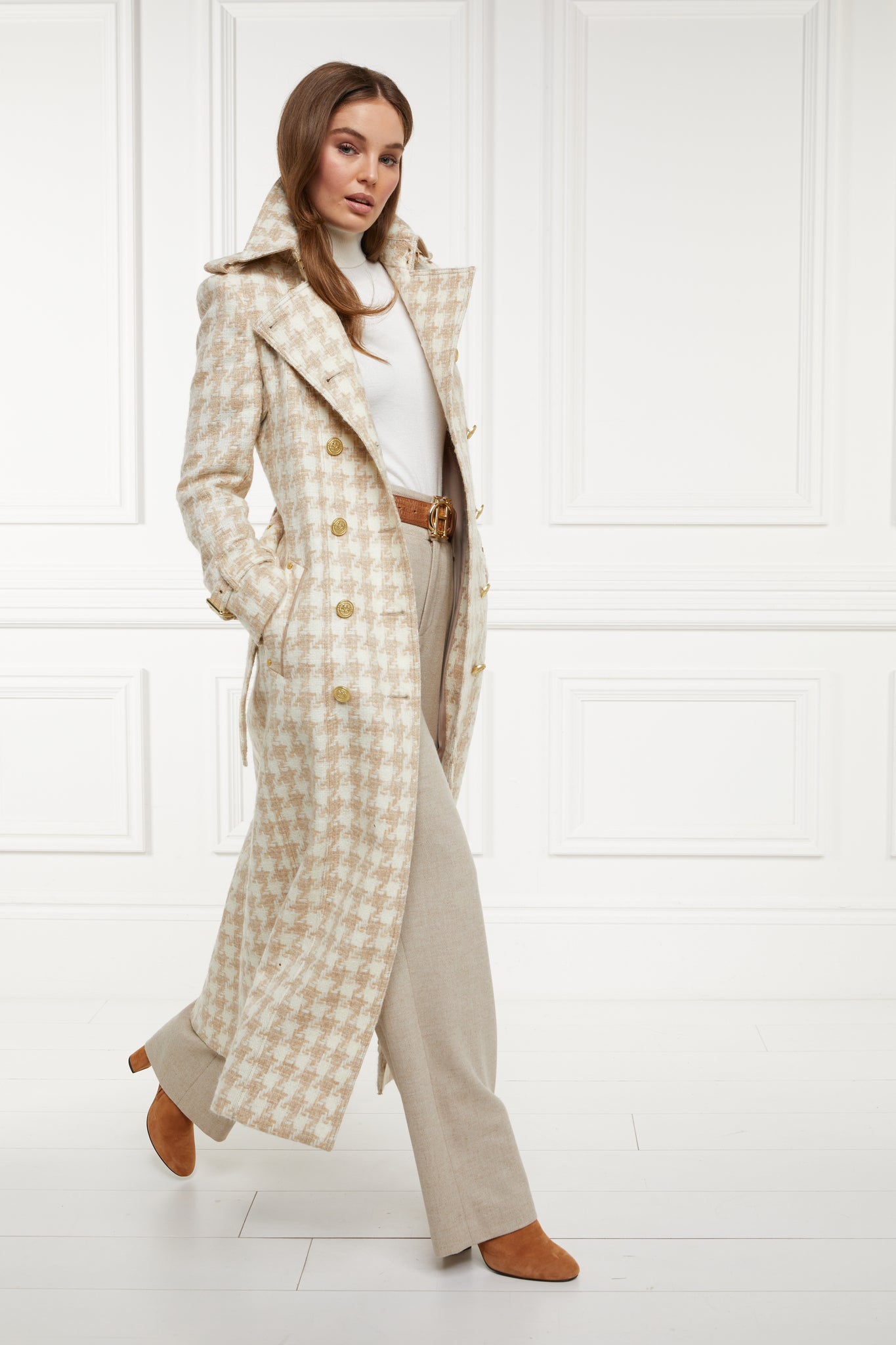 womens cream and camel houndstooth double breasted full length wool trench coat