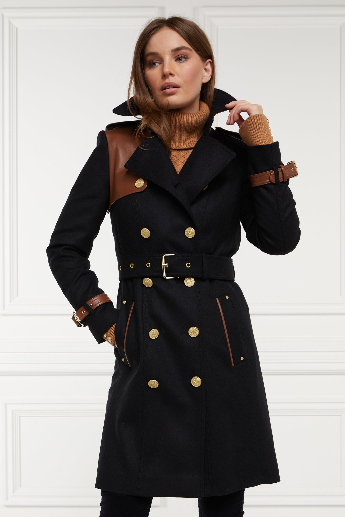 Womens black and tan brown leather detailed with gold hardware knee length wool trench coat