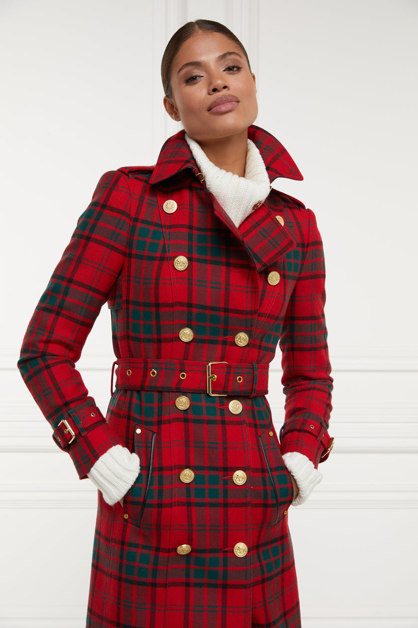 womens red green tartan double breasted full length wool trench coat