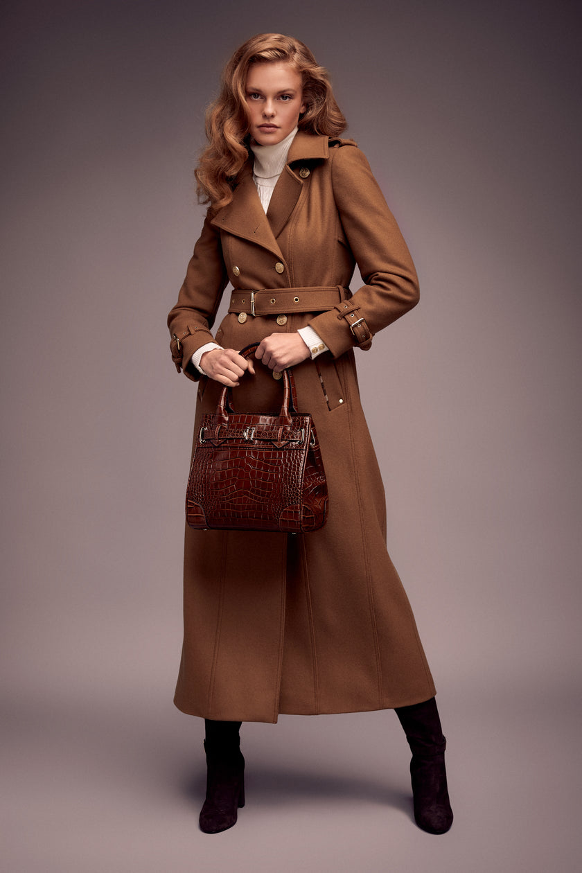 dark camel wool womens full length trench coat with dark brown womens small dark brown croc embossed leather tote bag