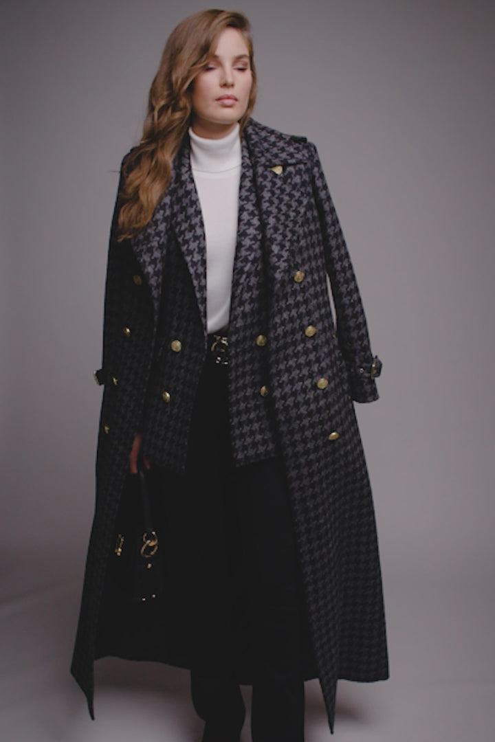 womens wool black and grey large scale houndstooth double breasted trench coat