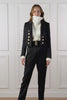 British made tailored cropped jacket in black with welt pockets and gold button detail down the front and on sleeves