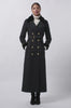 womens navy and green blackwatch houndstooth double breasted full length trench coat with black faux fur collar and cuffs