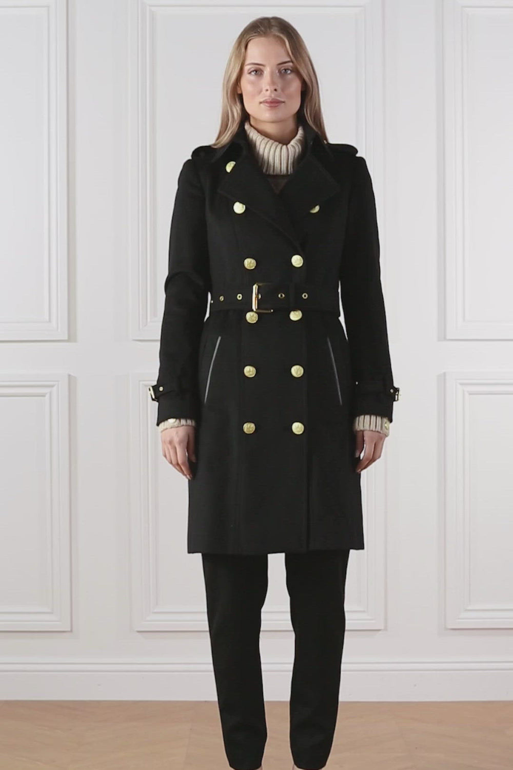 womens black detailed with gold hardware knee length wool trench coat