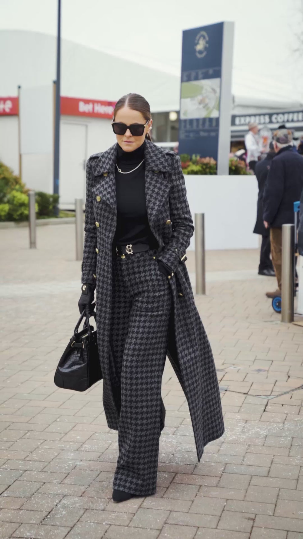 womens wool black and grey large scale houndstooth double breasted trench coat