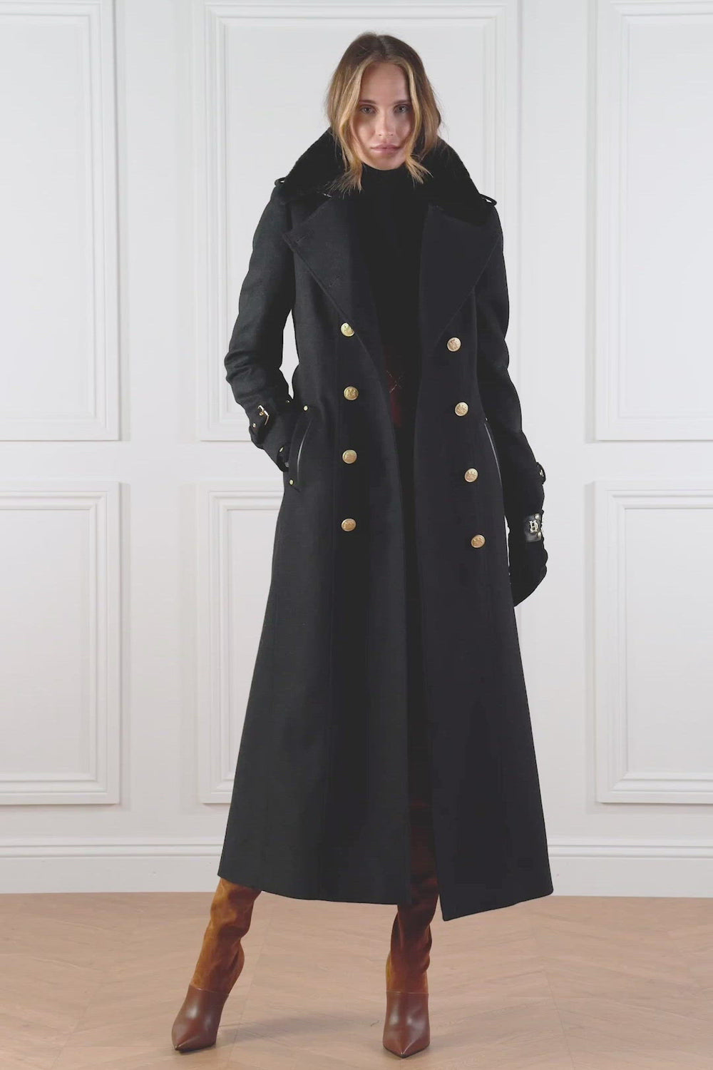 womens black wool double breasted full length trench coat with black faux fur collar