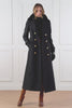 womens black wool double breasted full length trench coat with black faux fur collar