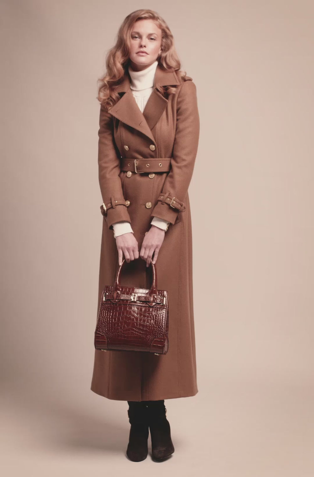 video of dark camel wool womens full length trench coat with dark brown womens small dark brown croc embossed leather tote bag