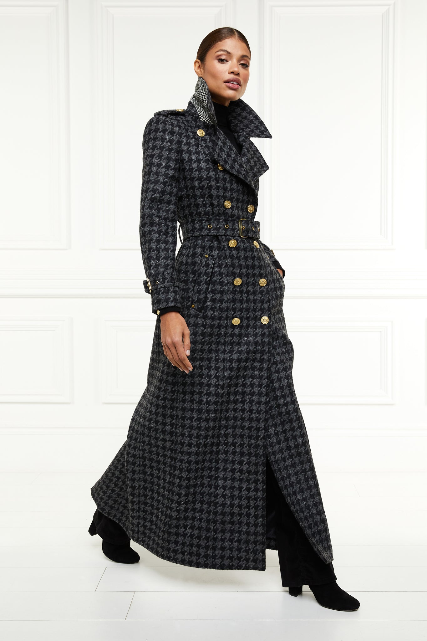 womens wool black and grey large scale houndstooth double breasted trench coat