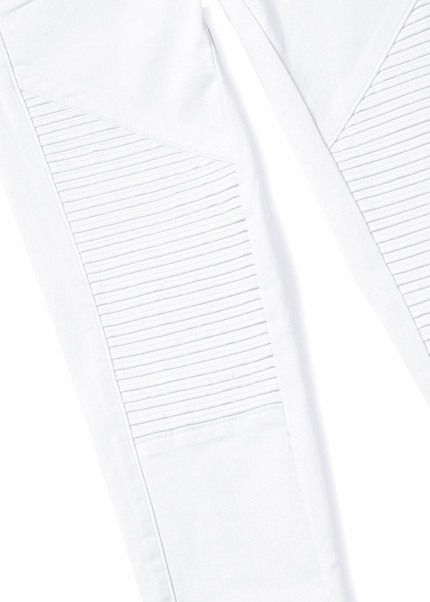 pin tuck biker panel detail on womens high rise white skinny stretch jean with front and two open zip pockets on front with HC embroidery to left pocket facing