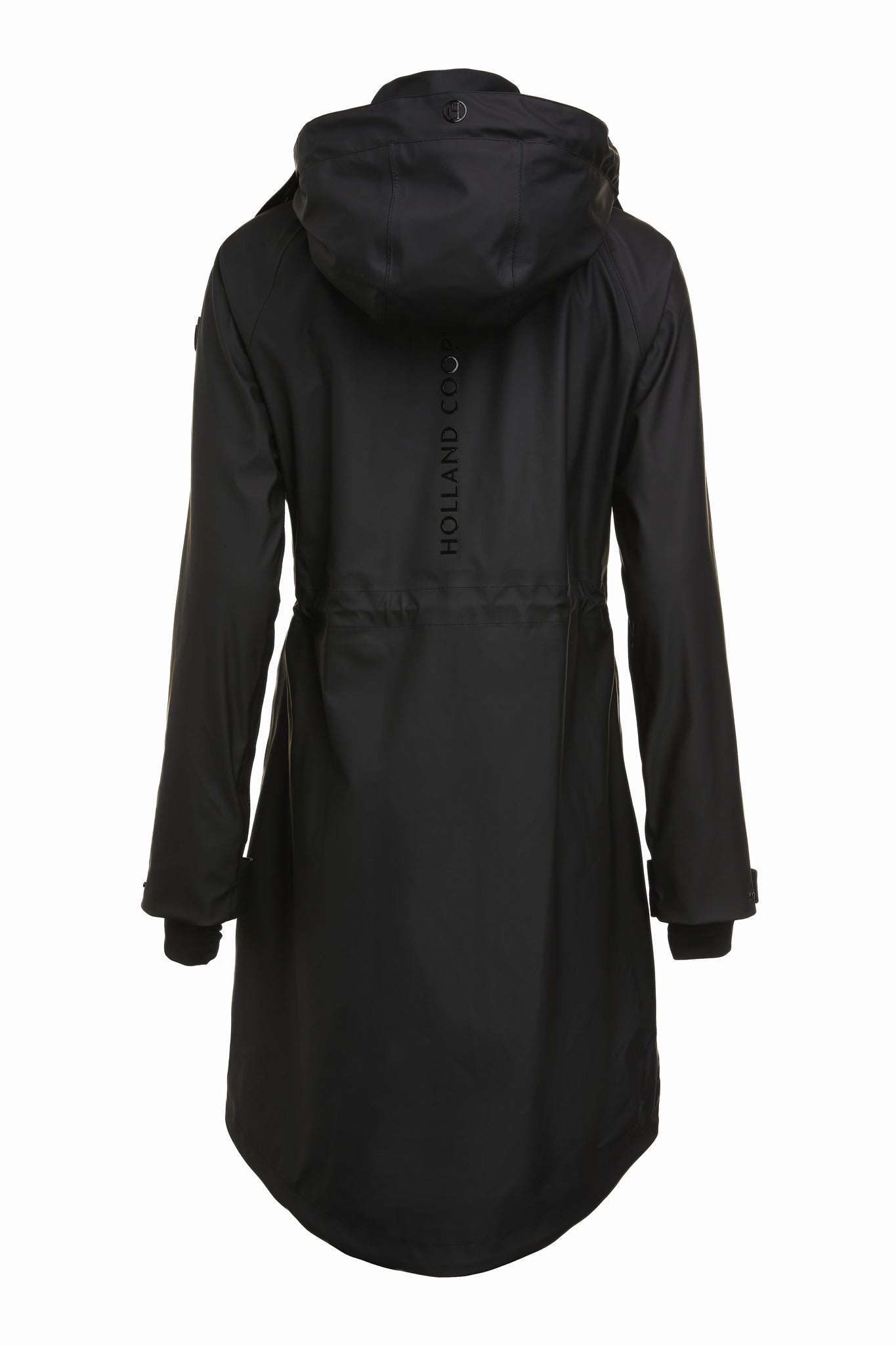 back of womens black hooded rain coat with black hardware 