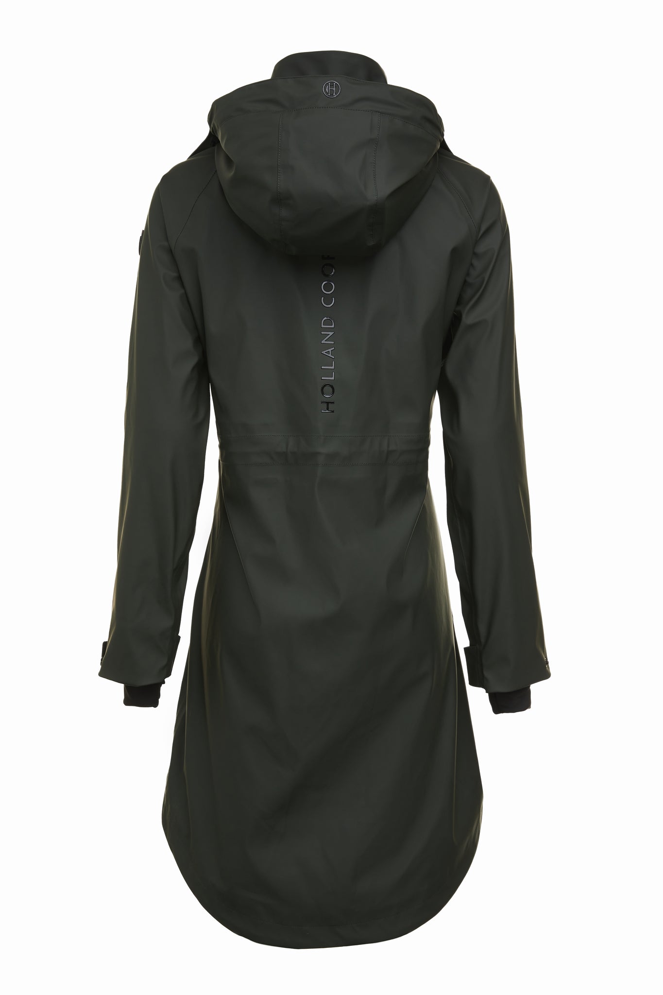 back of womens green hooded rain coat with black hardware 