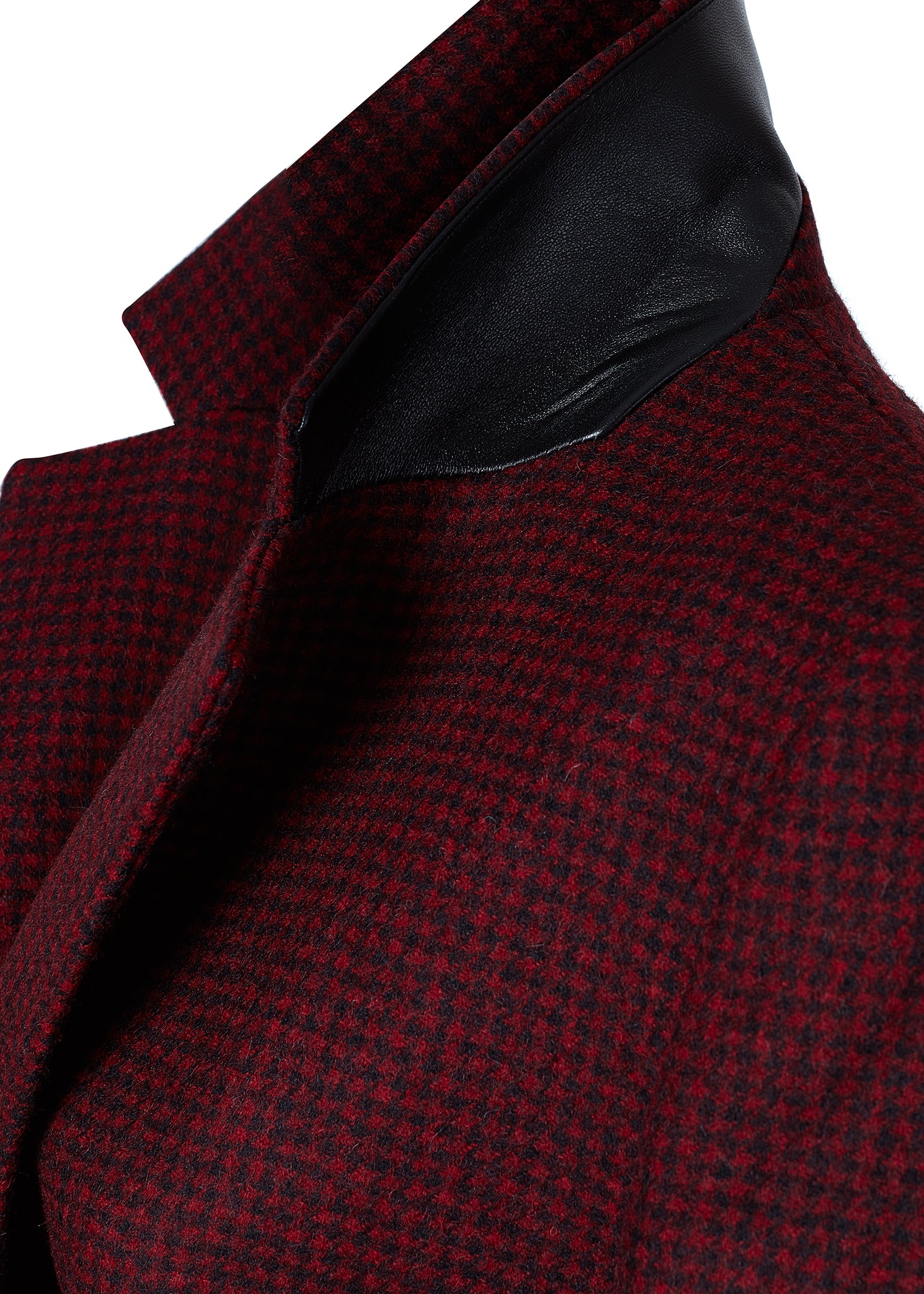 black contrast underside collar detail on double breasted wool blazer in deep red houndstooth with two hip pockets and gold button detials down front and on cuffs and handmade in the uk