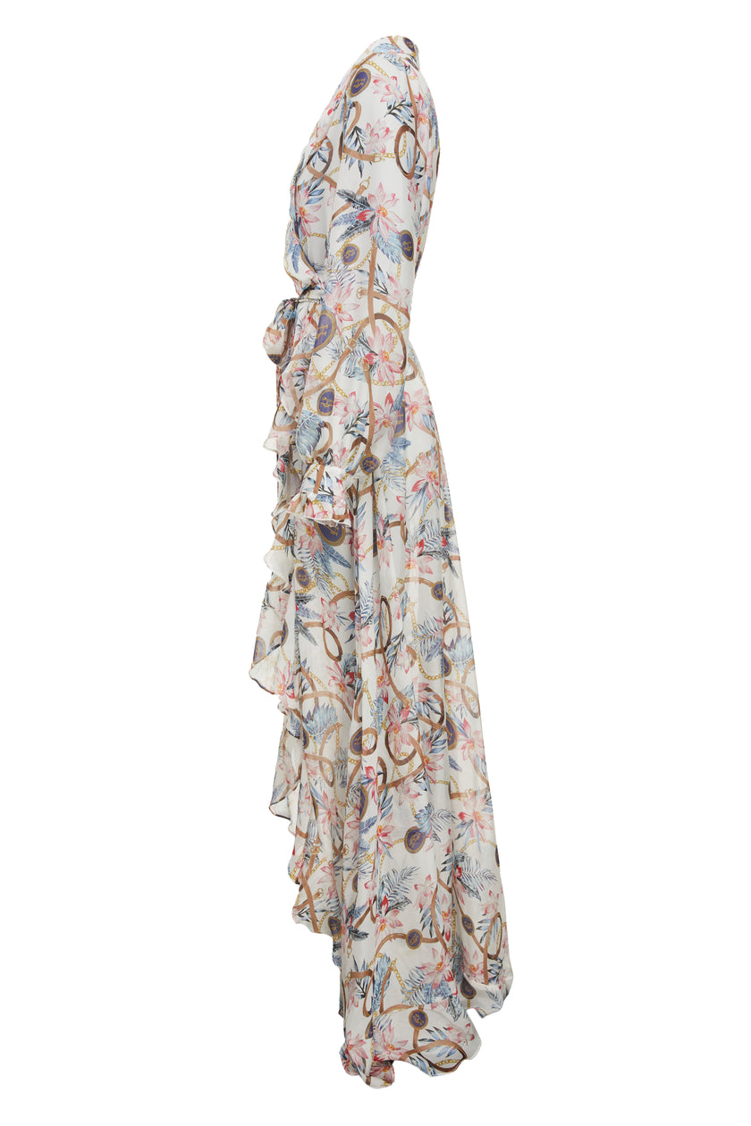 side shot of womens printed white maxi dress