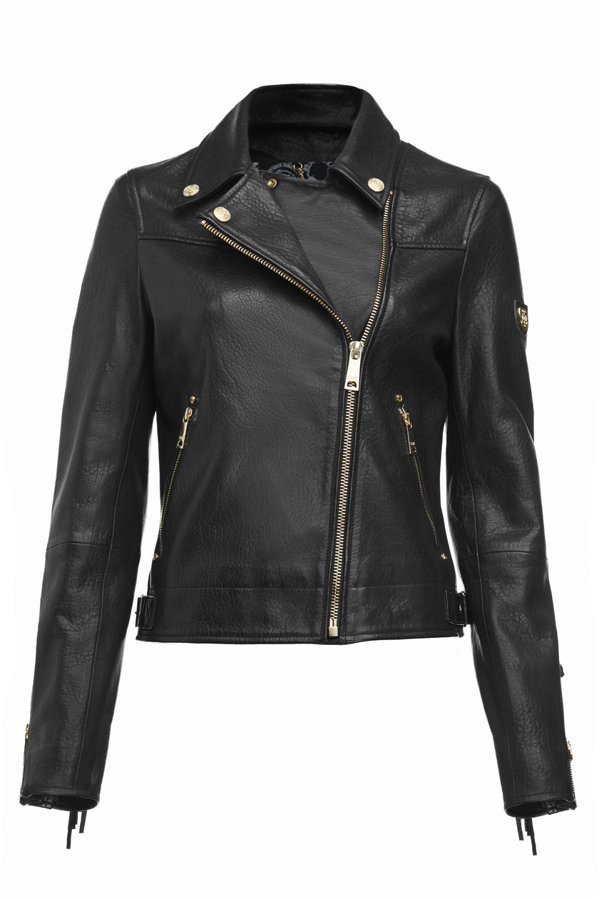 womens leather biker jacket in black with fringing along the back and sleeves detailed with golf zips and small shield badge on arm