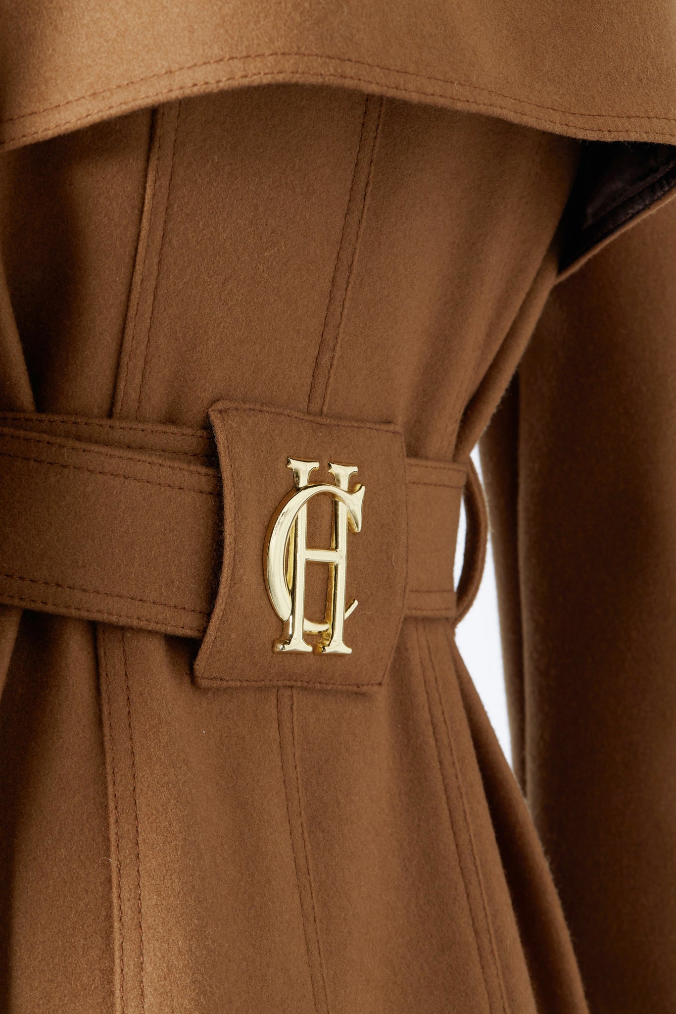 back of womens dark camel wool double breasted trench coat