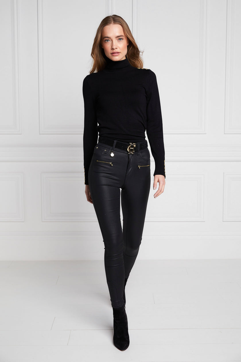 womens high rise black coated skinny jean for a waxed look with jodhpur style seams and two open zip pockets to the front with HC branded pulls