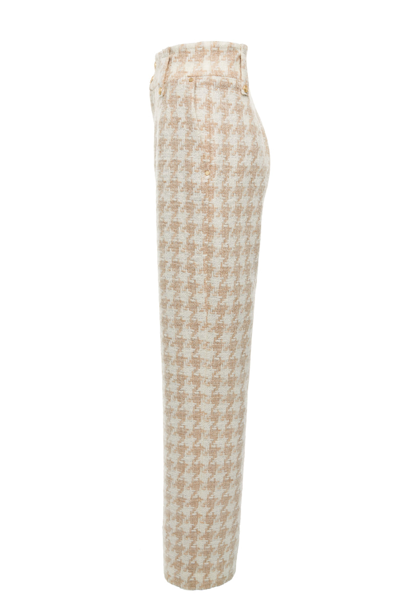 Side of Women's camel houndstooth wool high waisted straight trousers