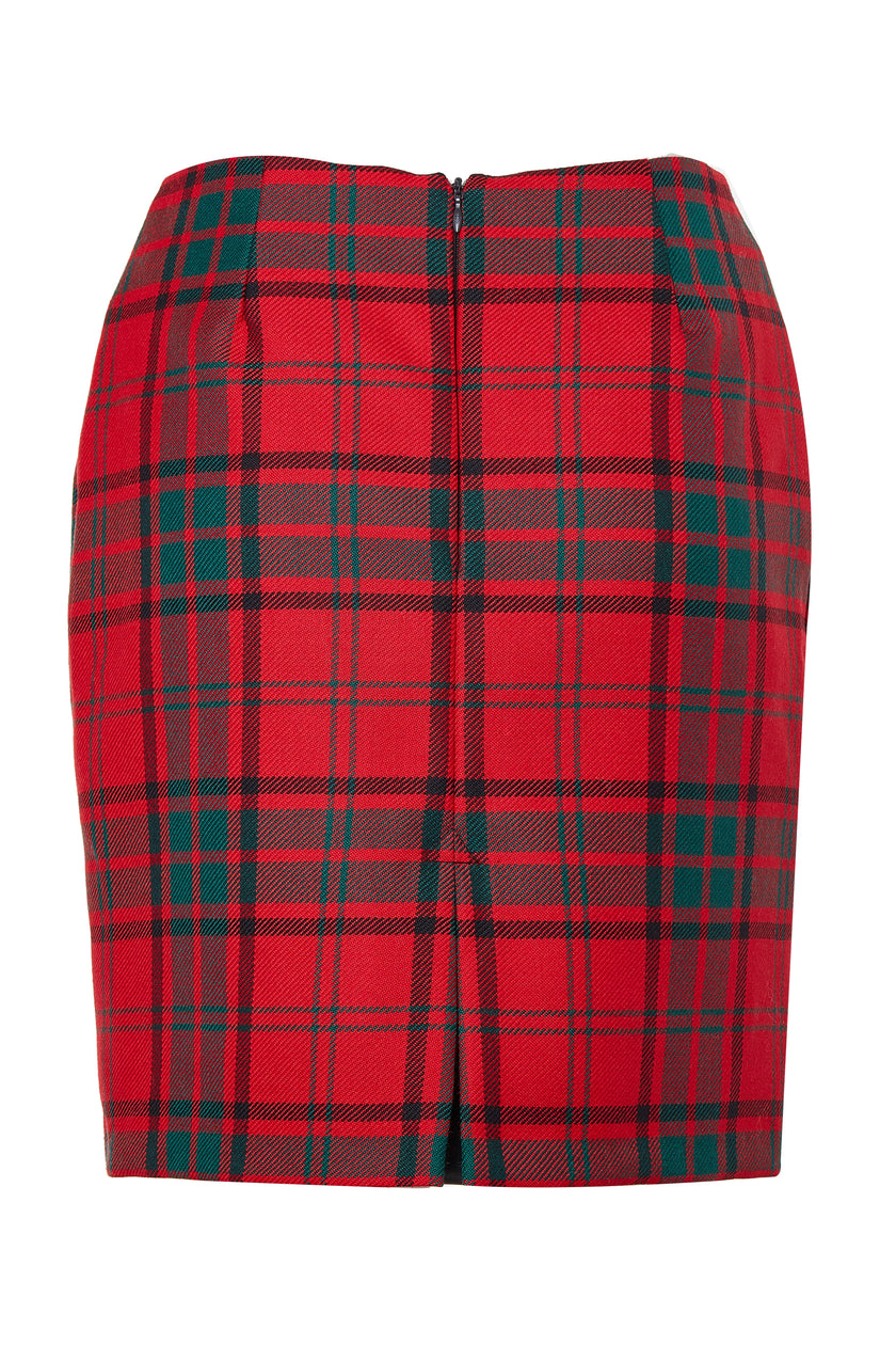 back of womens wool pencil mini skirt in red and green tartan tweed with slit on back and zip fastening on centre back