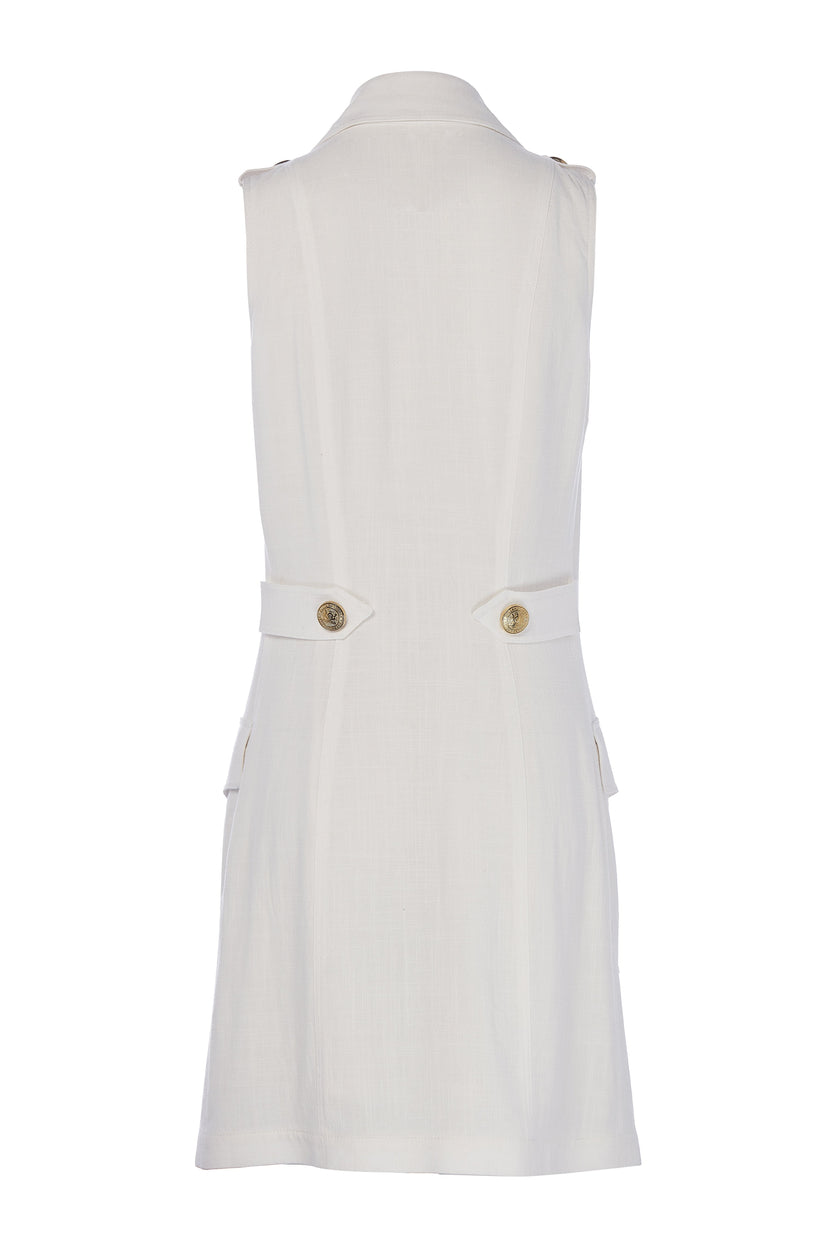 back shot of womens white linen sleeveless collared mini dress with gold button front fastening 