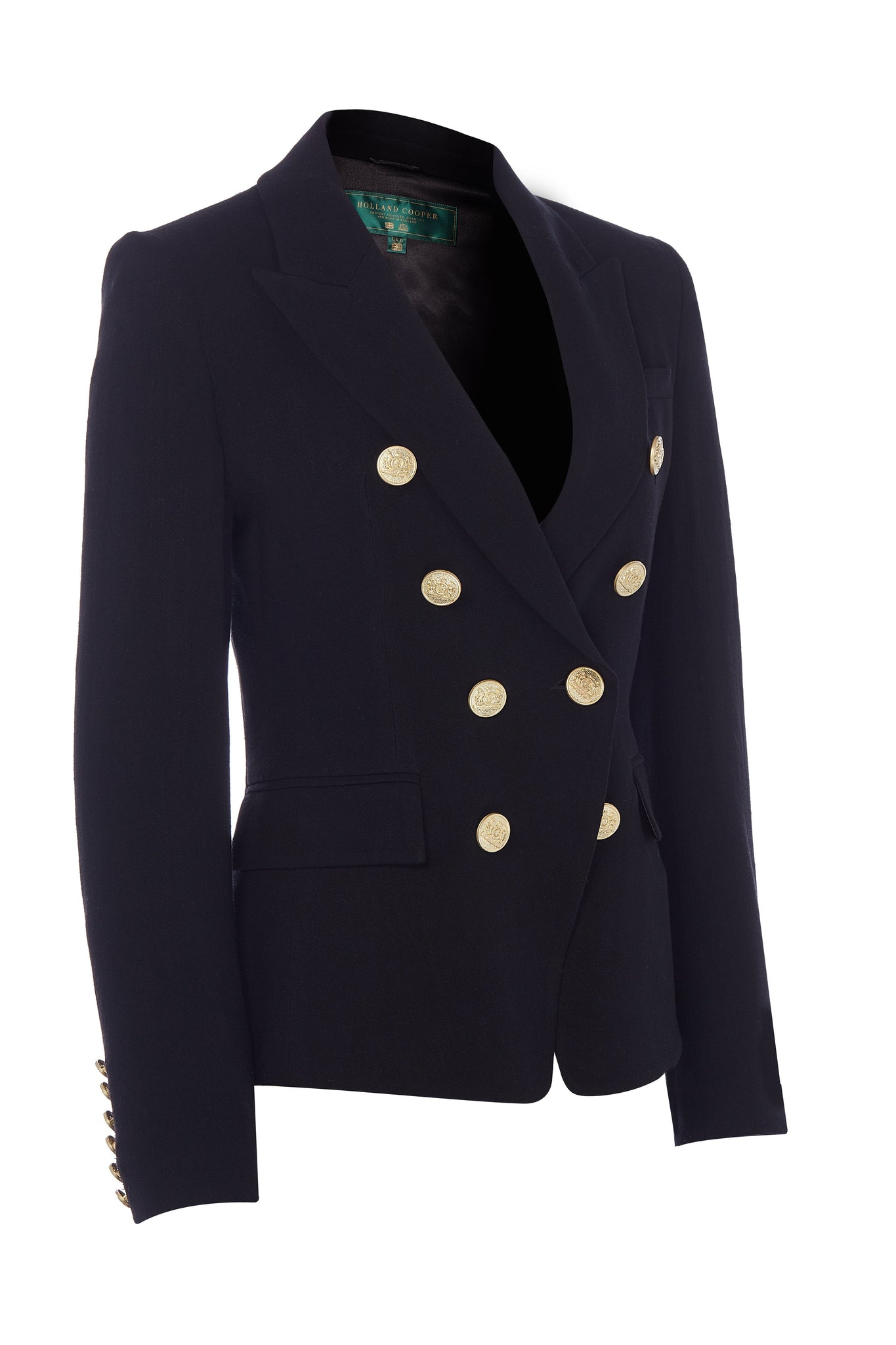 British made double breasted blazer that fastens with a single button hole to create a more form fitting silhouette with two pockets and gold button detailing this blazer is made from black linen