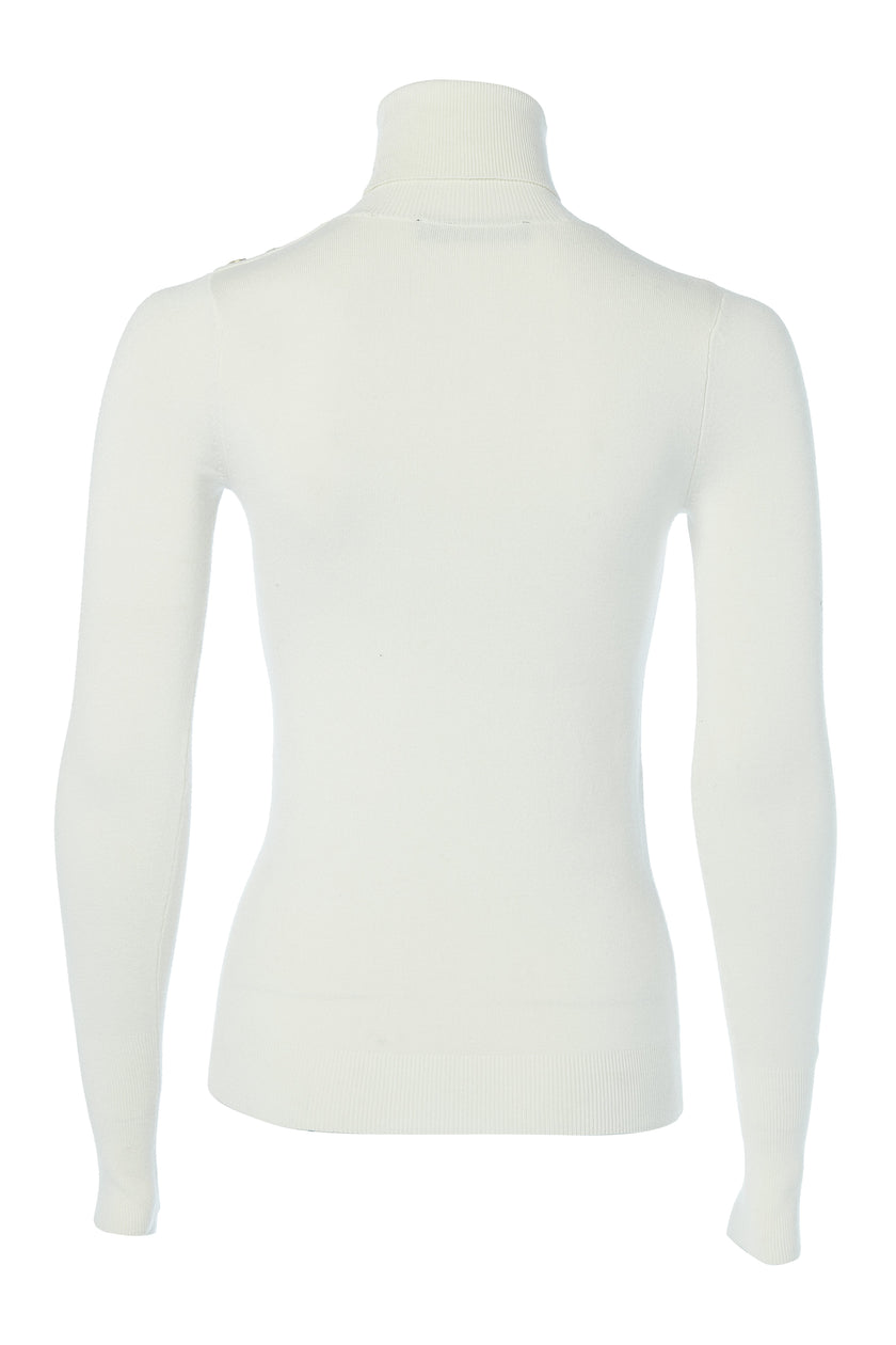 back of super soft lightweight jumper in cream with ribbed roll neck collar, cuffs and hem