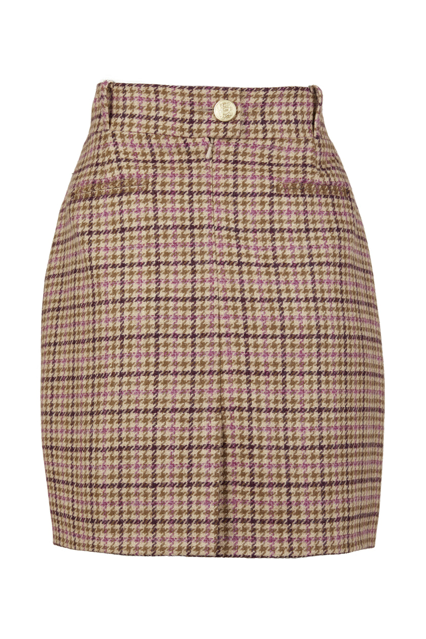 back of womens wool pencil mini skirt in pink check with concealed zip fastening on centre back and gold rivets down front