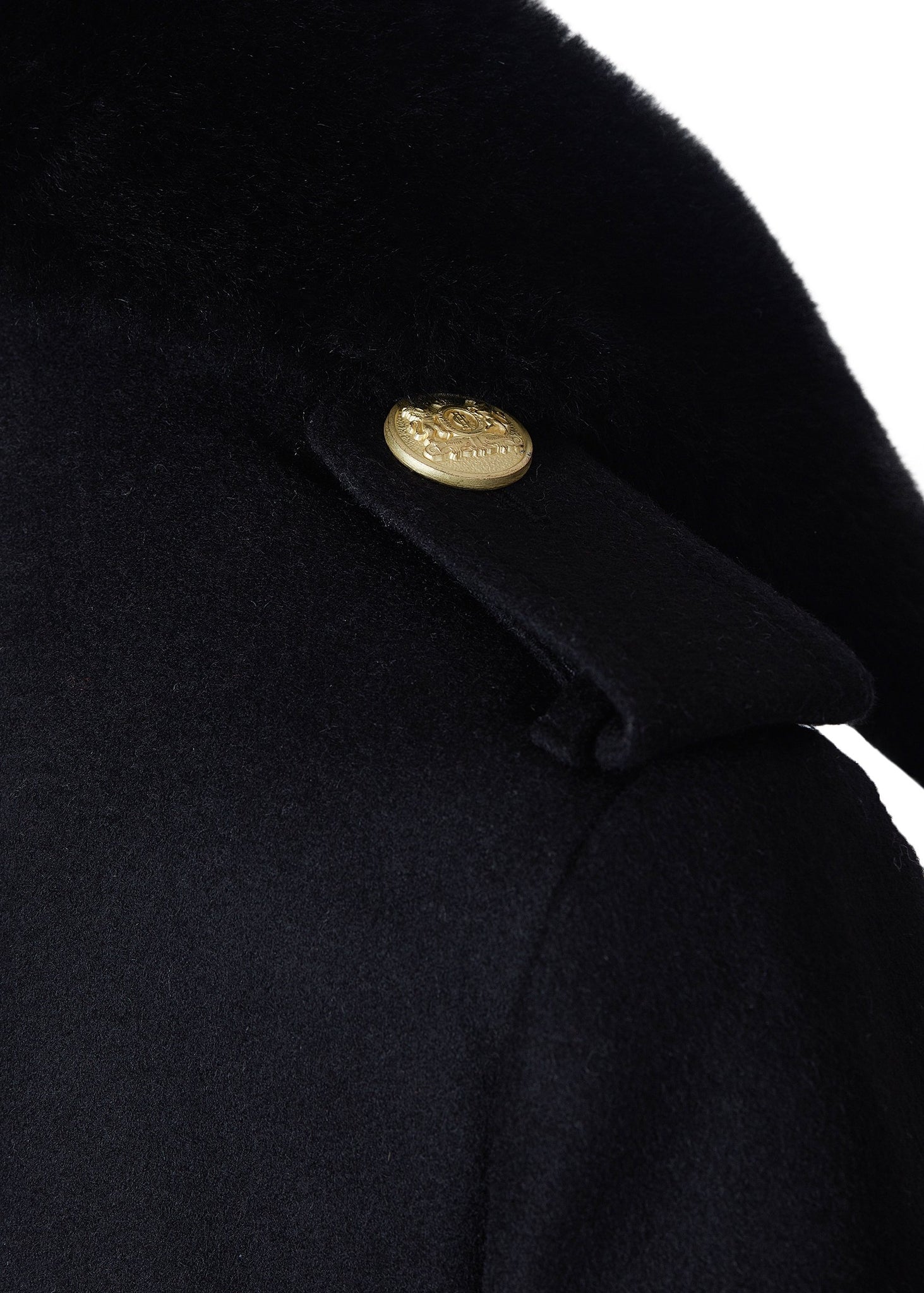 shoulder detail on womens black wool double breasted full length trench coat with black faux fur collar