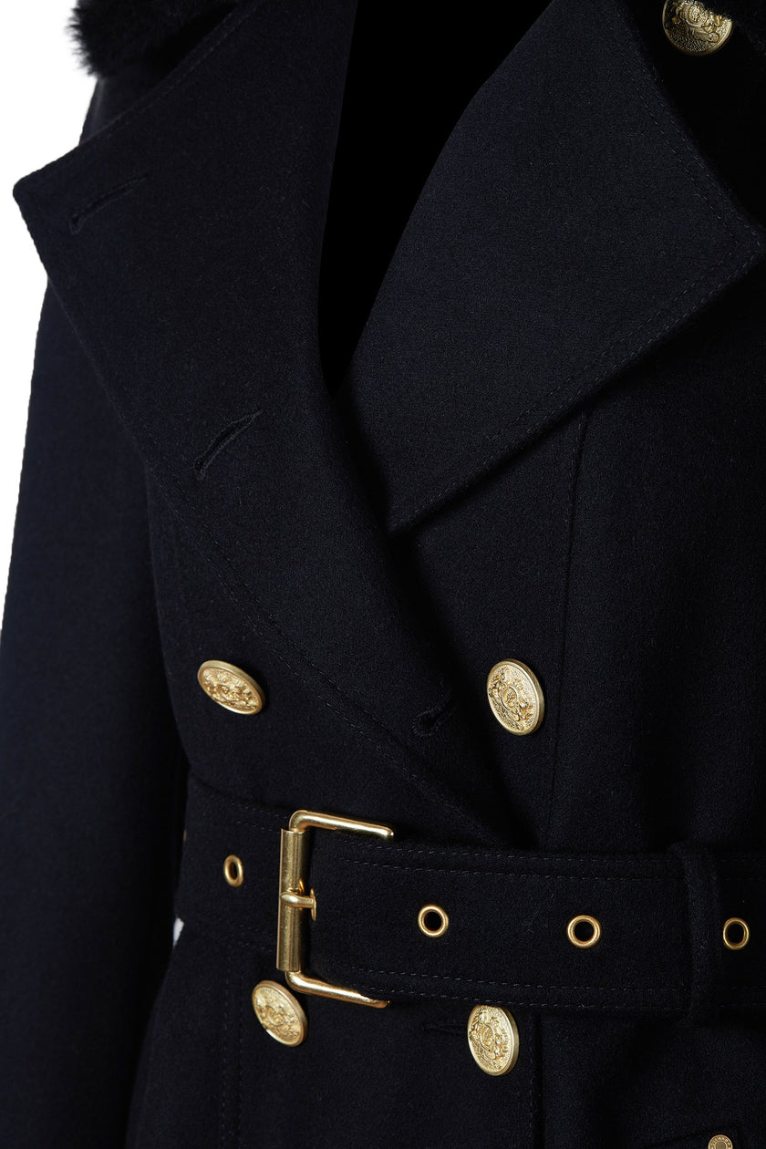 belt detail on womens black wool double breasted full length trench coat with black faux fur collar