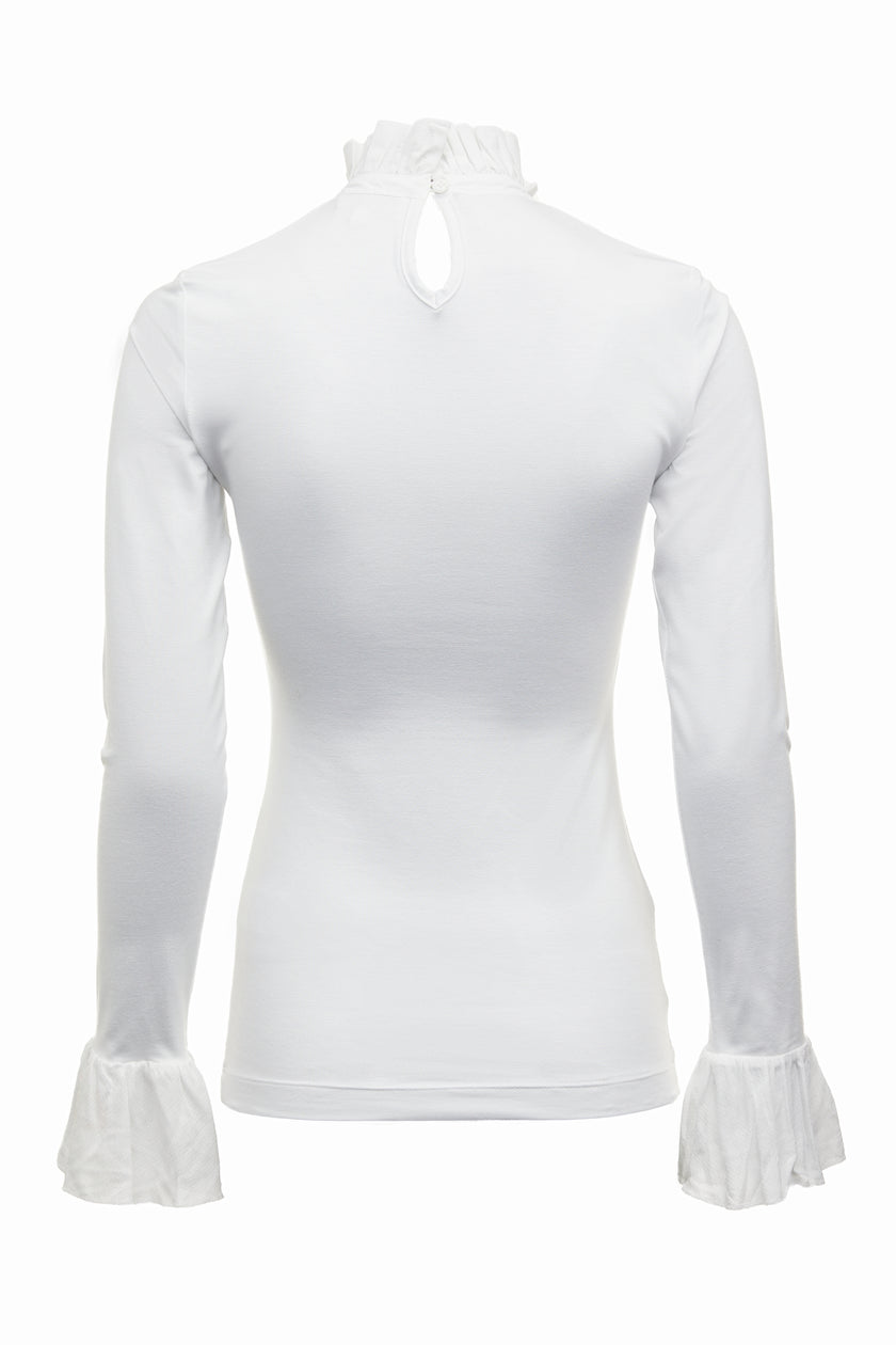 back image of a neatly fitted white long sleeve top with ruffled neckline and cuffs with frilly chest detail