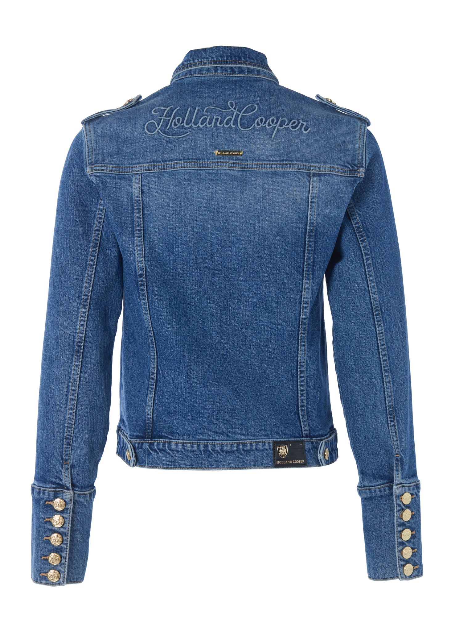 back of classic indigo denim jacket waist length with gold buttons on front, pockets and cuffs with holland cooper embroidery on back