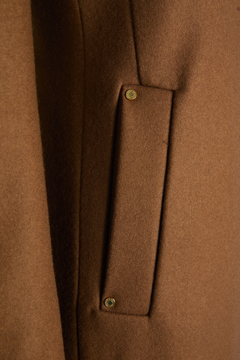 pocket detail on womens dark camel single breasted full length wool coat