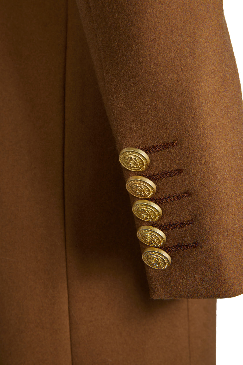 gold button detail to sleeve on womens dark camel single breasted full length wool coat