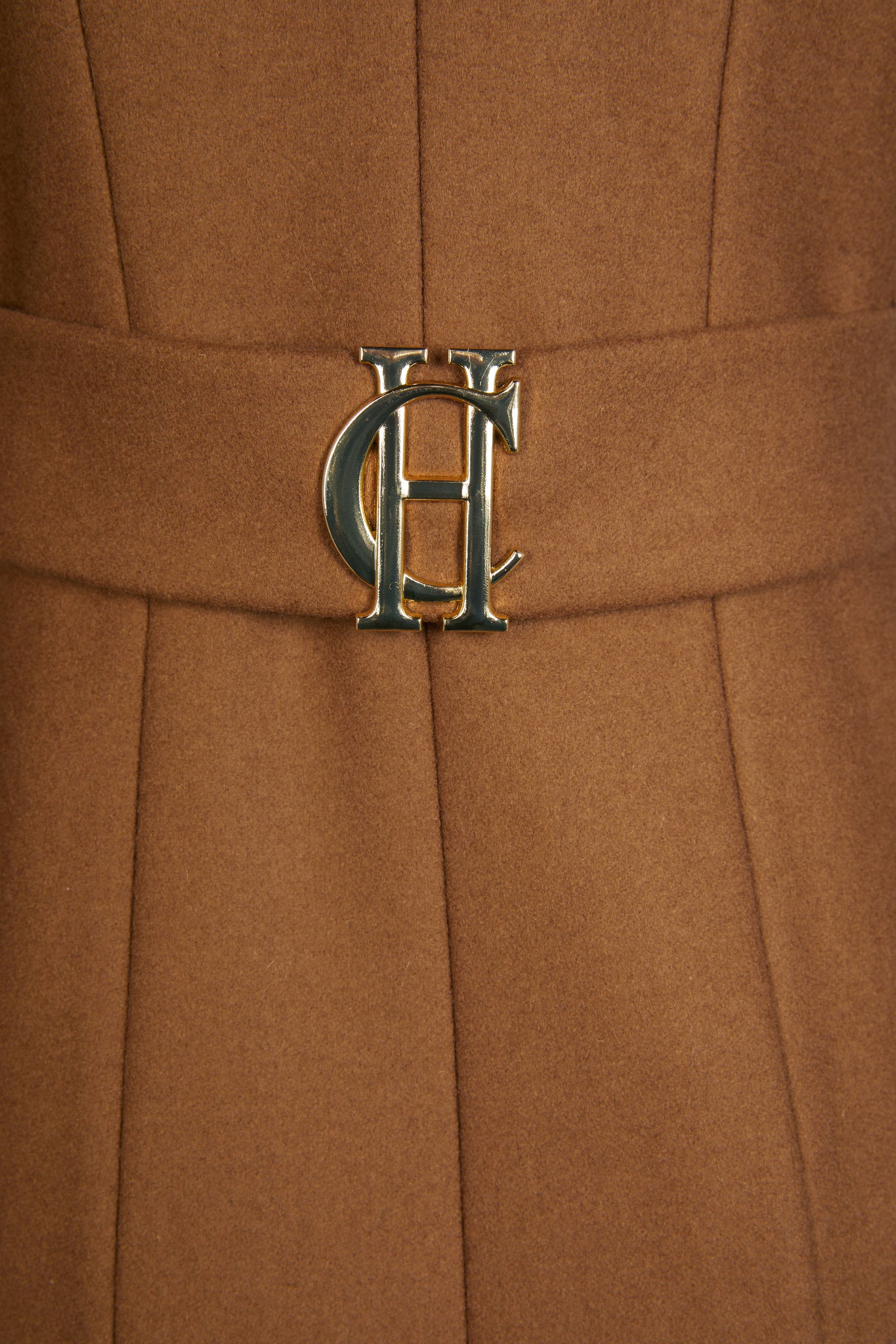 back gold hc detail on womens dark camel single breasted full length wool coat