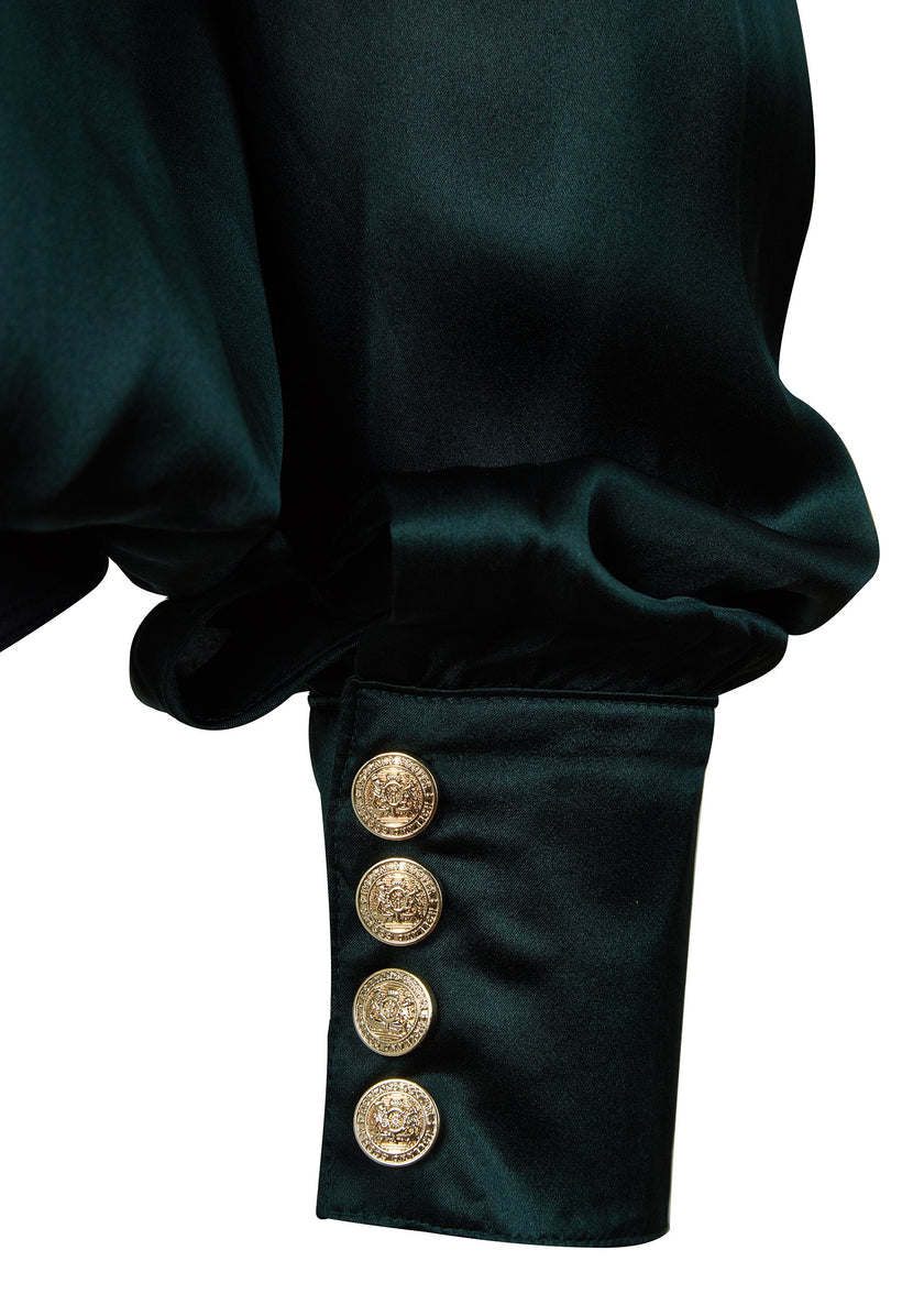 button detail on womens long sleeve silk dark green wrap front bodysuit with gold buttons